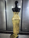 Gold Silver Shining Sequins Women Sexy Strap V-Neck Bodycon Long Dress Celebrity Red Carpet Evening Party Clothing