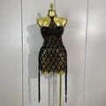 Sexy Sparkly Diamonds Black Mesh Transparent Top Dress Two Piece Set Women Evening Party Celebrate Birthday Photo Shoot Wear