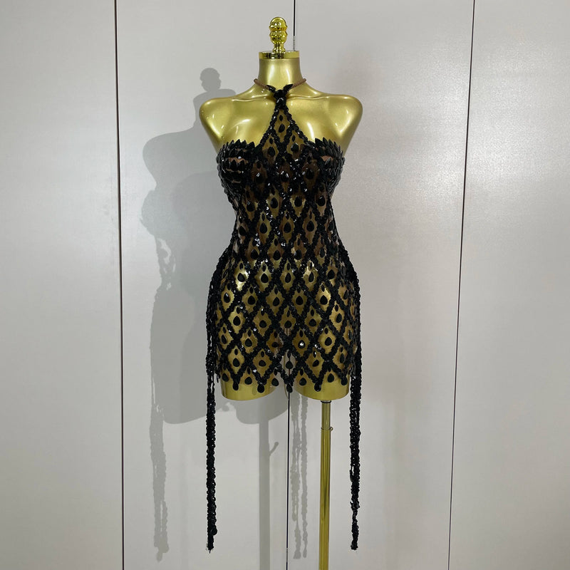 Sexy Sparkly Diamonds Black Mesh Transparent Top Dress Two Piece Set Women Evening Party Celebrate Birthday Photo Shoot Wear