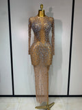 Luxury Rhinestones Mesh Bodycon Long Dress Celebrate Birthday Party Photo Shoot Long Sleeve Performance Costume Stage Outfit