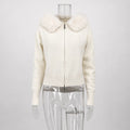 Women Hooded Knit Cardigan Sweater Coat Fluffy Faux Fur Collar Two Way Zip Solid  Loose Casual Jacket 2026 Autumn Winter