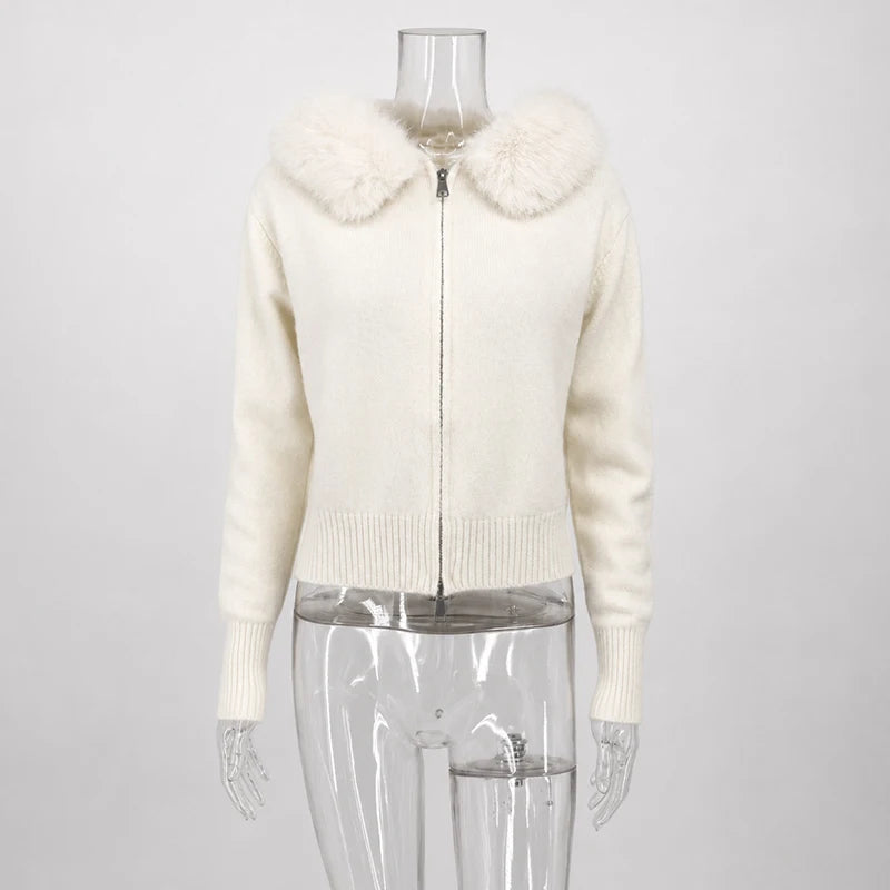 Women Hooded Knit Cardigan Sweater Coat Fluffy Faux Fur Collar Two Way Zip Solid  Loose Casual Jacket 2026 Autumn Winter