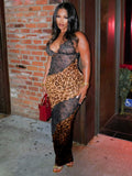 Mesh Patchwork Mermaid Dress Women Leopard Print Sexy Low-Neck Cleavage Backless Ruched Midnight Fashion Long Bodycon