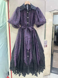 Spotted Print Shirt Maxi Dress for Women Puff Sleeve Point Collar Self Tie Sash Waistband Lace Hem Patchwork Mesh Overlay