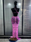 Pink Color Women Sexy Halter Backless Mesh See Through Bodycon Floor-length Mermaid Dress Birthday Party Cocktail Outfit