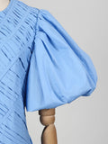 Solid Spliced Drawstring Folds Designer Maxi Dress for Women O Neck Puff Sleeve High Waist Elegant Party Dresses Female New