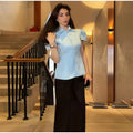 Vintage Women Satin Solid Jacket Puff Short Sleeve Single Breasted Waist Top Fashion All-match Retro 2026 Spring Summer Coat