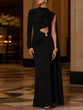 Cowl Neck Maxi Evening Dress for Women One Long Sleeve Cutout Waist Backless Cape Sleeve for Formal Party Bodycon Solid Gown