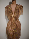 Women Sexy Mesh Sparkly Rhinestone Tassels Stretch Long Dress Evening Nightclub Singer Dance Stage Costume Luxury Birthday Gowns