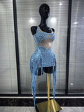 Blue Color Women Sexy Shining Crystal Sequins Fringes Bodycon Mini Dress Mesh See Through Celebrate Birthday Photoshoot Wear