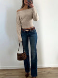 Elegant One Shoulder Beige Knitted Sweater Women's Pull Waist Off-Shoulder Sweatshirt Jumper Pullovers Clothes Autumn Winter New