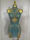 Sparkly Rhinestones Sexy Mesh See Through Dress Party Evening Prom Celebrate Birthday Dress Singer Dancer Show Stage Wear