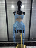 Blue Color Women Sexy Shining Crystal Sequins Fringes Bodycon Mini Dress Mesh See Through Celebrate Birthday Photoshoot Wear