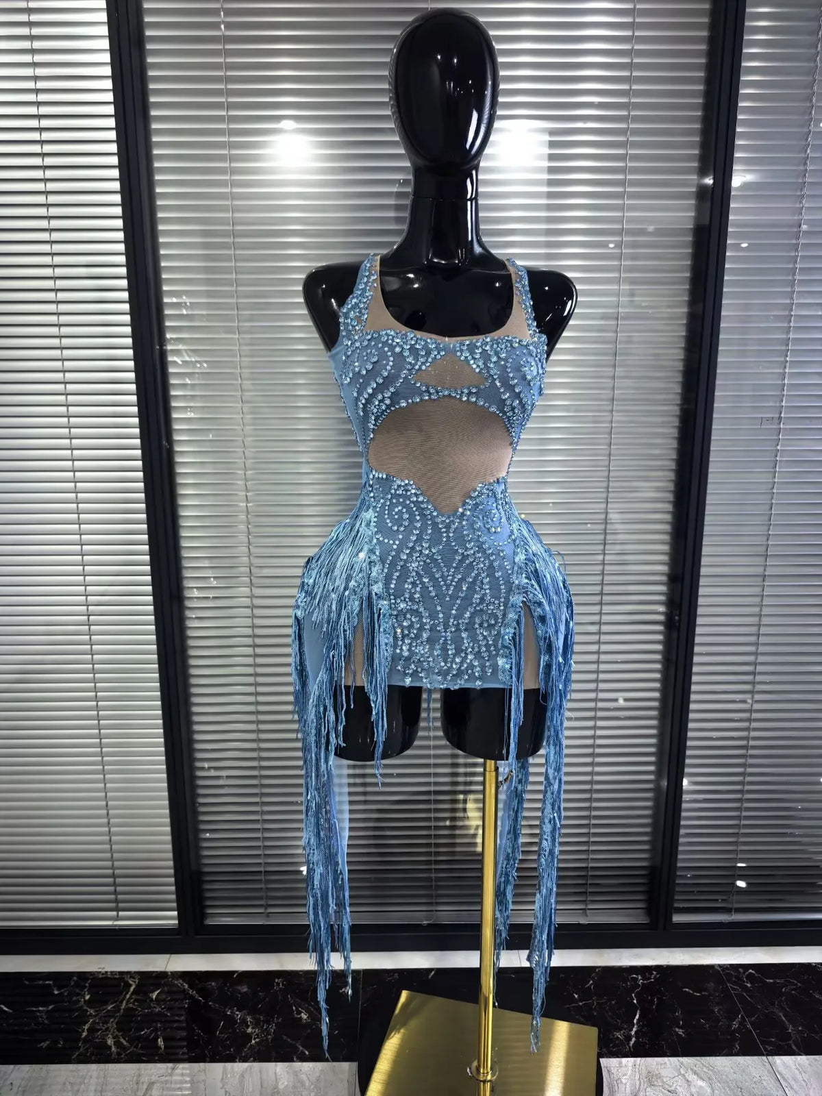 Blue Color Women Sexy Shining Crystal Sequins Fringes Bodycon Mini Dress Mesh See Through Celebrate Birthday Photoshoot Wear