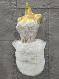 Glamorous White Lace Strapless Tops Ruffles Mini Skirt 2 PCS Set Women Evening Party Nightclub Singer Stage Performance