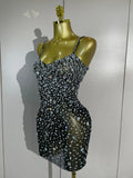 Women Evening Party Luxury Birthday Nightclub Stage Performance Wear Sexy Mesh See Through Sparkly Rhinestone Mini Bodycon Dress