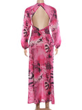 Tiger Stripe Print Long Dress Woman Autumn Trend Deep V-Neck Backless Lantern Sleeve Beach Party Elegant Vestidos