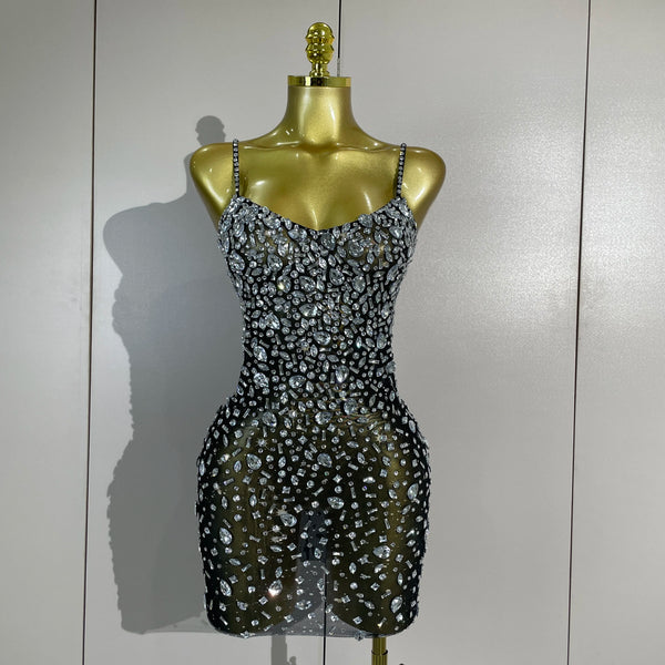 Women Evening Party Luxury Birthday Nightclub Stage Performance Wear Sexy Mesh See Through Sparkly Rhinestone Mini Bodycon Dress