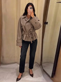 Vintage Plaid Belted Jackets Women Slim Full Sleeves Double-breasted Lapel Cropped Coats 2026 New Ladies Autumn Fashion Outwear