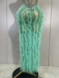 Women Sparkly Rhinestone Eveing Birthday Party Nightclub Bar Stage Costume Sexy Sleeveless Mesh Ruffled See Through Long Dress
