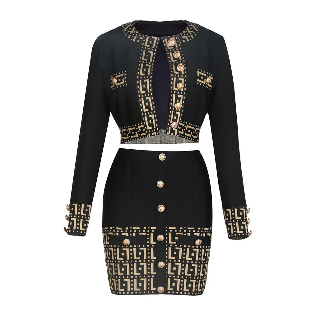 Women's Fashion Jacquard Metal Button Short Cardigan + Hot Mini Skirt Two Piece Set Business Casual Office Lady Outfit Robe Fête