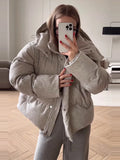 Women Hooded Stand Collar Cropped Puffer Jacket Zip Snap Button Loose Slim Short Quilted 2026 Casual Winter Warm Outerwear Coat