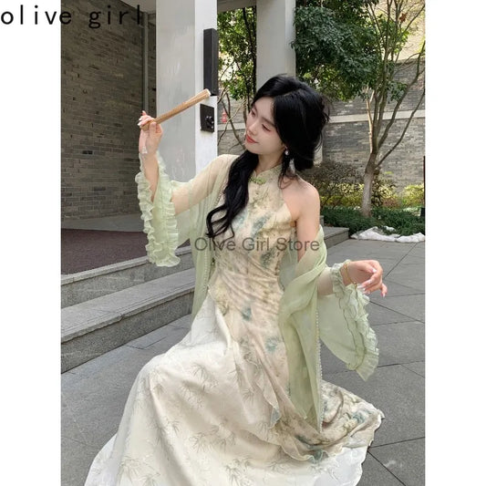 Olive Girl Flowing Sleeve Qipao for Ren Faire 2026 Garden Wedding Fairycore Photoshoot Everyday Wear S-XXL XS-3XL Plus Size Flowing Sleeve Romantic Cottagecore Garden Party Editorial Not Costume Qipao Cheongsam Chinese Dress Chinese Heritage Fashion Women
