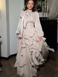 Women's Shining Tiered Ruffle Long Dress Elegant Turtleneck Lantern Sleeve High Waist Maxi Dress With Scarf Lady Evening Robes