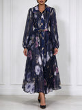 Floral Print Shirt Maxi Dress for Women Point Collar Long Lantern Sleeve Button Front Detachable Buckle Belt Sheer Chiffon