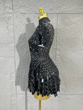 Lady Fish scales shell sequins Scale Sequin Bodysuit HighNeck Short Sleeve Ruffle Skirt Costume For Women Nightclub Stage Wear