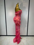 Women Strapless Sparkly Diamonds Ruffled Slit Long Dress Birthday Evening Party PhotoShoot Mesh See Through Nightclub Stage Wear