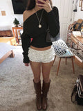 Elegant One Shoulder Beige Knitted Sweater Women's Pull Waist Off-Shoulder Sweatshirt Jumper Pullovers Clothes Autumn Winter New