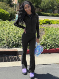 Casual Sporty 2 Piece Set Women Tracksuit Basic Stretch Zip Jacket+Stretch Flare Pants Matching Fitness Street Outfit