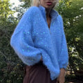 Fuzzy Sequin Zipper Women Cardigan Stand Collar Long Sleeve Loose Knitted Jacket Oversized Sequined Furry Knit Casual Winter Top