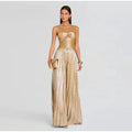 Women's Halter Crisscross Cutout Front Pleated Metallic Maxi Dress Slim Waist Backless New Wide Flare Skirts Floor Length Party