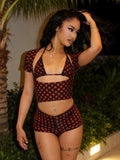 Sexy Dot Print 3 Piece Sets Women Chic Halter Bra Tops+Short Sleeves Crop Tops+Shorts Skinny Beach Vacation Clubwear
