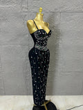 Sophisticated Black Bandage Midi Dress Women Spaghetti Strap Sweetheart Neck Rhinestone Emerald  Bodycon Evening Gown