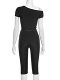 Sexy Irregular Knot 2-Piece Set Women Diognal Collar Crop Top+Capri Pants Stylish Solid Hottie Street Slim Outfits