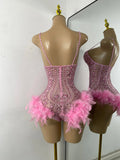Luxury Women Sexy Shiny Crystal Feathers Hollow Out Bodysuit Nightclub Performance Dance Costume Nightclub Singer Stage Wear