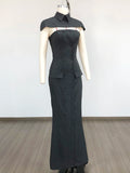 Women'S Shawl+Strapless Culottes Two-Piece Dress Sexy Backless Sleeveless Double Breasted Slim Fashion Outfit