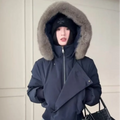 Fashion Faux Fur Trim Hooded Cotton Coat Women Asymmetric Zip Long Sleeve Puffer Jacket Female Winter Daily Warm Outfits 2026