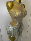 Sliver Sequins Shining Diamonds Sexy Mesh Long Tassel Bodysuit Women Nightclub Party Birthday Stage Performance Costume