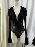 Sexy Club Burgundy Lace Plunge Bodysuit for Women Ruffled Design Long Flare Sleeves Slimming Bodysuits for Luxury Dinners