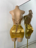 Sparkly Diamonds Top Mini Skirt Sets Gold Nightclub Performance Outfit Luxury Party Stage Celebrity Two Pieces Sets