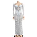 Open Back Glitter Sheer Mesh Party Maxi Dress for Women Fashion Full Sleeve Bodycon Sexy Club Long Evening Dress Vestidos