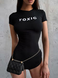 Letter Print Fashion Romper Women Body-Shaping  o-Neck Mini Sleeve Tight Peach Hip Casual Simple Workout Playsuits