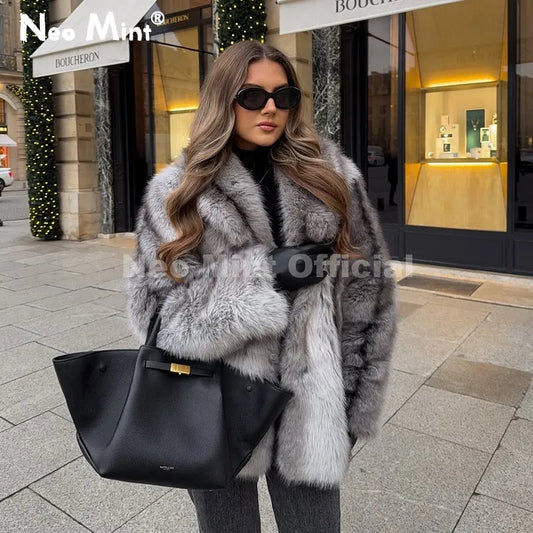 Fashion 90s Vintage Retro Brown Striped Faux Fur Coat Women Winter Chic Scraf Collar Overcoat Fox Fur Jacket