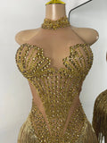 Sparkly Rhinestones Pearls Women Sexy Sleeveless High Split Mesh See Through Birthday Dress Nightclub Party Performance Costume