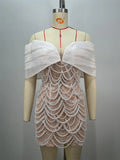 Luxury Beaded Glam Off-the-shoulder One-word Collar Short Dress Socialite Birthday Party Performance Wear Cocktail Formal Gown