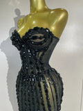 Sexy Sparkly Diamonds Black Strapless Mesh See Through Long Dress Evening Party Birthday Nightclub Photo Shoot Stage Costumes